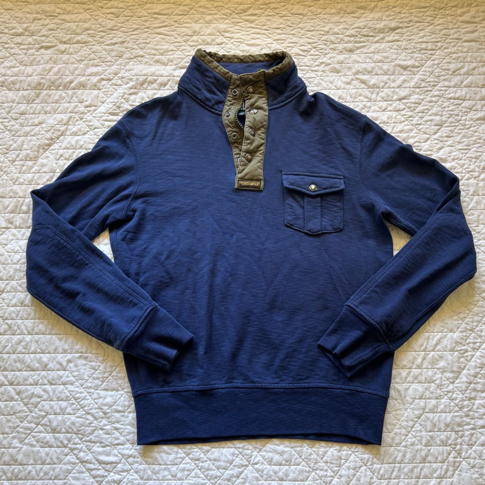 POLO Ralph Lauren Men's Navy 1/4 Snap Cotton Sweater with Olive Accents M Medium